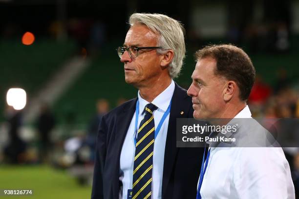 Chief Executive of Football Federation Australia David Gallop and Alex Stajcic, coach of the Matildas look on following the International Friendly...