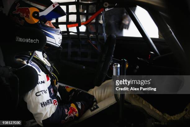 Mattias Ekstrom of Sweden and team Audi S1 sits in his car during the 2018 FIA World Rallycross Championship Season Launch at Silverstone on March...