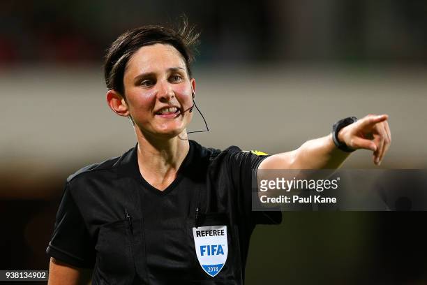 Match referee Kate Jacewicz signals during the International Friendly Match between the Australian Matildas and Thailand at nib Stadium on March 26,...