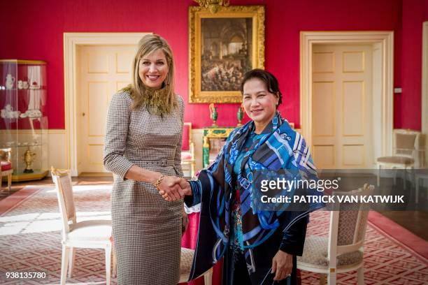 Dutch Queen Maxima welcomes Nguyen Thi Kim Ngan , chairwoman of the National Assembly of Vietnam, at the Palace Noordeinde in The Hague on March 26,...