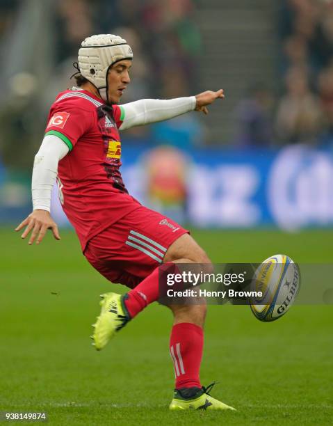 Demetri Catrakilis of Harlequins kicks the ball during the Aviva Premiership match between Saracens and Harlequins at London Stadium on March 24,...