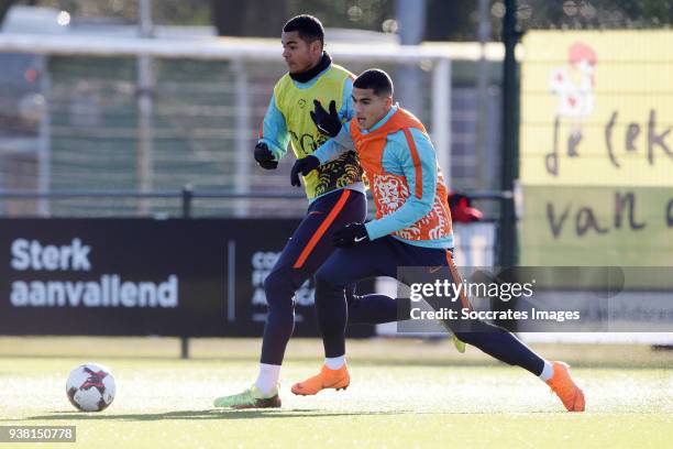 Cody Gakpo of Holland U19, Zakaria Aboukhlal of Holland U19 during the Training Holland U19 at the Papendal on March 19, 2018 in Papendal Netherlands