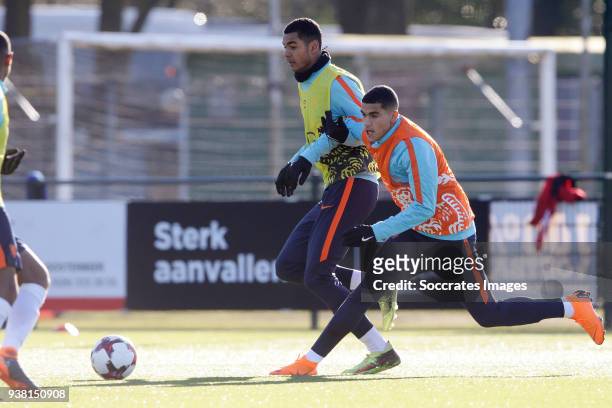 Cody Gakpo of Holland U19, Zakaria Aboukhlal of Holland U19 during the Training Holland U19 at the Papendal on March 19, 2018 in Papendal Netherlands