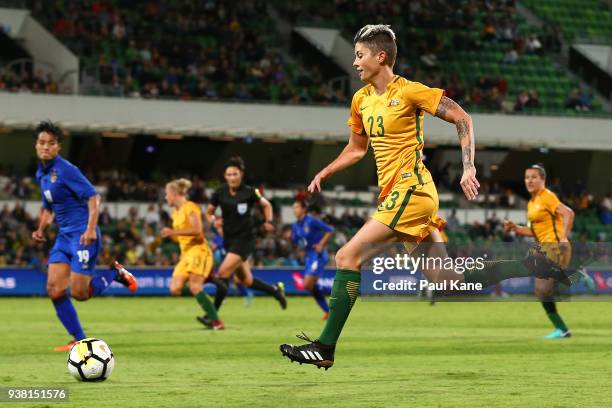 Michelle Heyman of the Matildas runs onto the ball during the International Friendly Match between the Australian Matildas and Thailand at nib...