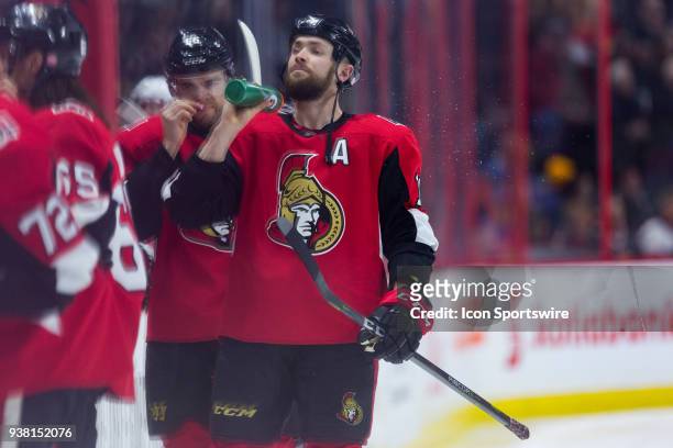 Ottawa Senators Center Zack Smith sprays water on himself before first period National Hockey League action between the Carolina Hurricanes and...