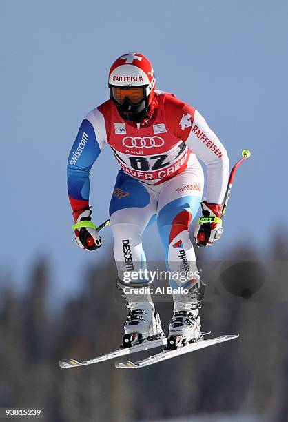 Beat Feuz of Switzerland jumps during the Men's Alpine World Cup downhill training on the Birds of Prey course on December 3, 2009 in Beaver Creek,...