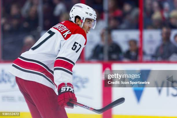 Carolina Hurricanes Defenceman Trevor van Riemsdyk waits for a face-off during third period National Hockey League action between the Carolina...