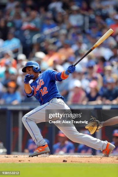 Juan Lagares of the New York Mets bats during the game against the Houston Astros on Monday, March 19, 2018 at FITTEAM Ballpark of the Palm Beaches...