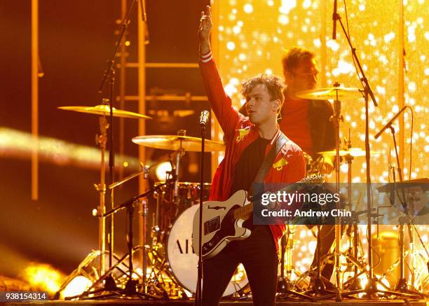 Max Kerman of Arkells performs on stage during the 2018 JUNO Awards at Rogers Arena on March 25, 2018 in Vancouver, Canada.