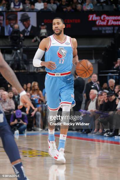 Garrett Temple of the Sacramento Kings brings the ball up the court against the Detroit Pistons on March 19, 2018 at Golden 1 Center in Sacramento,...