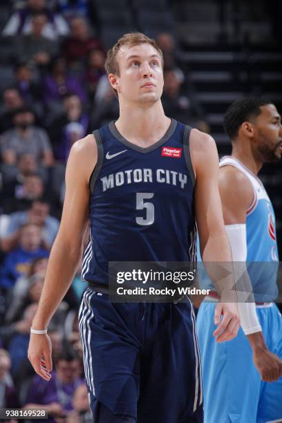 Luke Kennard of the Detroit Pistons looks on during the game against the Sacramento Kings on March 19, 2018 at Golden 1 Center in Sacramento,...