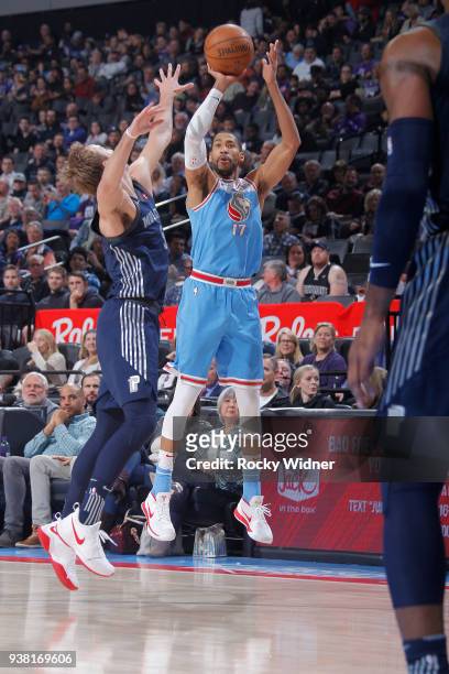 Garrett Temple of the Sacramento Kings shoots a three pointer against the Detroit Pistons on March 19, 2018 at Golden 1 Center in Sacramento,...