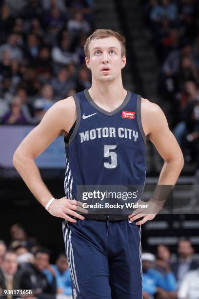 Luke Kennard of the Detroit Pistons looks on during the game against the Sacramento Kings on March 19, 2018 at Golden 1 Center in Sacramento,...