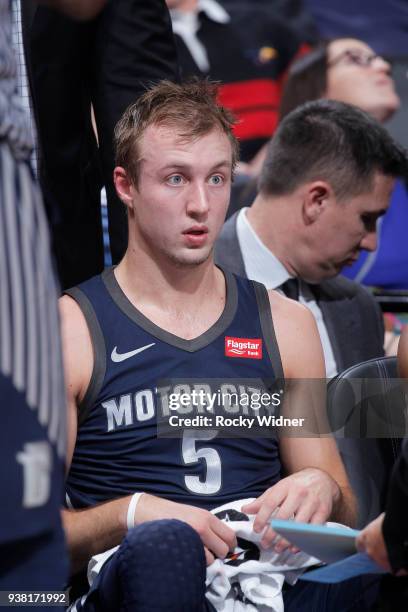 Luke Kennard of the Detroit Pistons looks on during the game against the Sacramento Kings on March 19, 2018 at Golden 1 Center in Sacramento,...