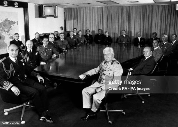 The Chiefs of Defence Staff grouped around the conference table in Whitehall at the height of the Falklands conflict. Admiral of The Fleet Sir...