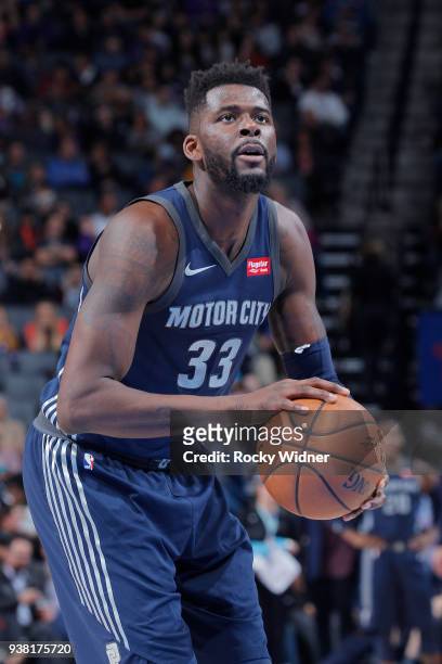 James Ennis III of the Detroit Pistons attempts a free-throw shot against the Sacramento Kings on March 19, 2018 at Golden 1 Center in Sacramento,...