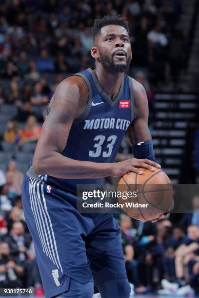 James Ennis III of the Detroit Pistons attempts a free-throw shot against the Sacramento Kings on March 19, 2018 at Golden 1 Center in Sacramento,...