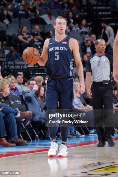 Luke Kennard of the Detroit Pistons brings the ball up the court against the Sacramento Kings on March 19, 2018 at Golden 1 Center in Sacramento,...