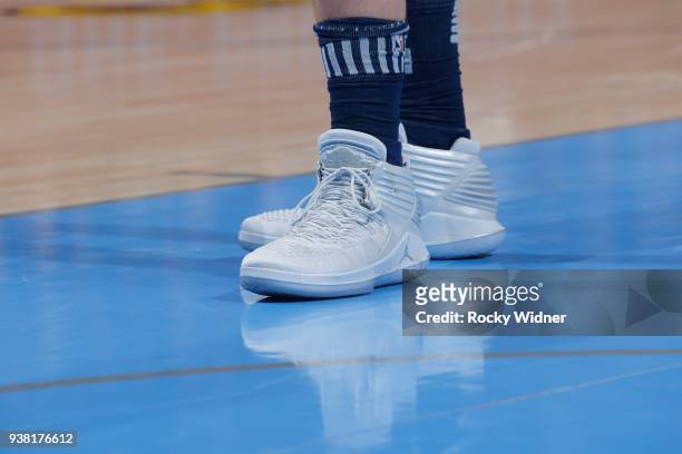 The sneakers belonging to Blake Griffin of the Detroit Pistons in a game against the Sacramento Kings on March 19, 2018 at Golden 1 Center in...