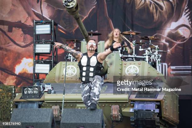 Frontman Joakim Broden and drummer Hannes van Dahl of Swedish power metal group Sabaton performing live on stage at Download Festival in Castle...