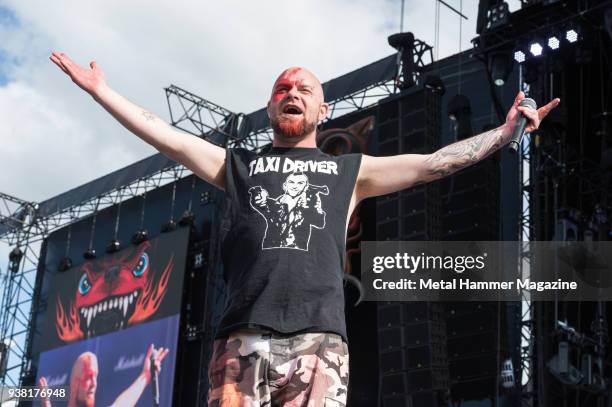 Frontman Ivan Moody of American heavy metal group Five Finger Death Punch performing live on stage at Download Festival in Castle Donington, England,...