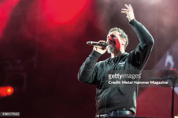 Frontman Serj Tankian of American heavy metal group System Of A Down performing live on stage at Download Festival in Castle Donington, England, on...