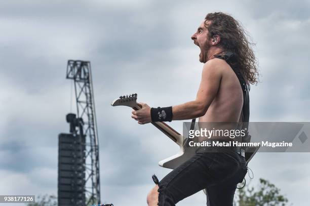 Guitarist Joel O'Keeffe of Australian hard rock group Airbourne performing live on stage at Download Festival in Castle Donington, England, on June...