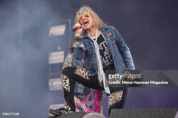 Frontman Michael Starr of American glam-rock group Steel Panther performing live on stage at Download Festival in Castle Donington, England, on June...