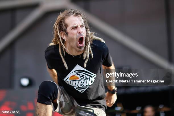 Vocalist Randy Blythe of American heavy metal group Lamb Of God performing live on stage at Chicago Open Air Festival in Toyota Park, Chicago, on...
