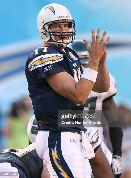 Quarterback Philip Rivers of the San Diego Chargers calls a time-out during a game against the Philadelphia Eagles on November 14, 2009 at Qualcomm...