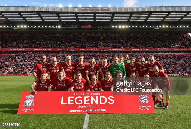 Players of Liverpool Legends pose for a team photo before the LFC Foundation charity match between Liverpool FC Legends and FC Bayern Legends at...