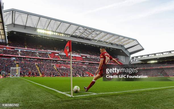 Luis Garcia of Liverpool taking a corner during the LFC Foundation charity match between Liverpool FC Legends and FC Bayern Legends at Anfield on...