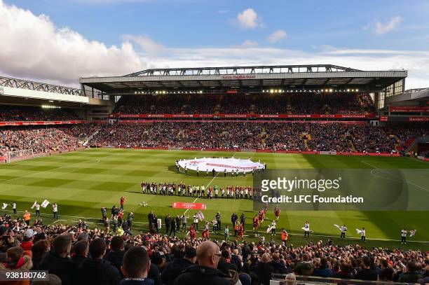 General view of Anfield during the LFC Foundation charity match between Liverpool FC Legends and FC Bayern Legends at Anfield on March 24, 2018 in...