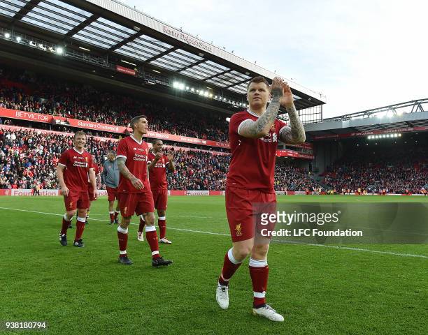 John Arne Riise of Liverpool shows his appreciation to the fans at the end of the LFC Foundation charity match between Liverpool FC Legends and FC...