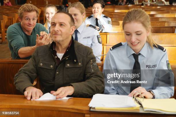 Daniel Roesner and Erdogan Atalay are seen on set during the 'Alarm fuer Cobra 11' photocall on March 26, 2018 in Cologne, Germany.