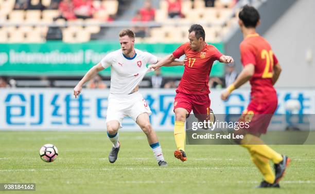 Tomas Kalas of Czech Republic and Fan xiaodong of China in action during 2018 China Cup International Football Championship between China and Czech...