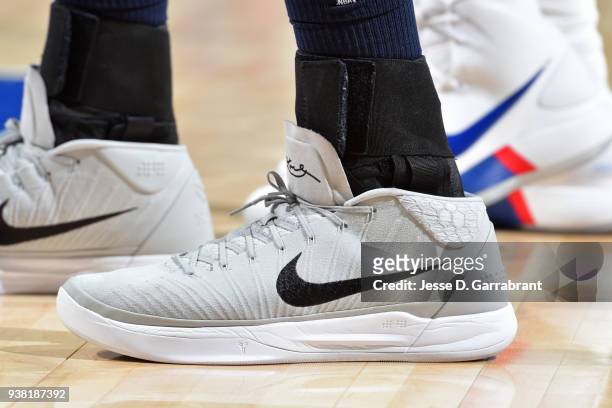 The sneakers of Gorgui Dieng of the Minnesota Timberwolves during the game against the Philadelphia 76ers on March 24, 2018 in Philadelphia,...