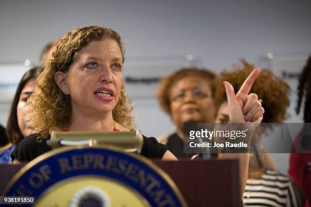 Rep. Debbie Wasserman Schultz speaks to the media about requiring background checks for purchasers of ammunition following the Valentine's Day...