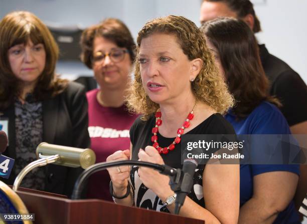 Rep. Debbie Wasserman Schultz speaks to the media about requiring background checks for purchasers of ammunition following the Valentine's Day...