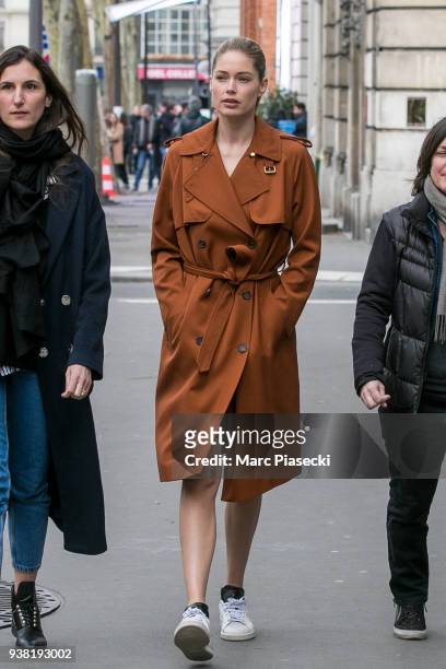 Model Doutzen Kroes is seen on the set of new 'L'Oreal' shooting at 'Broken Arm Cafe' on March 26, 2018 in Paris, France.