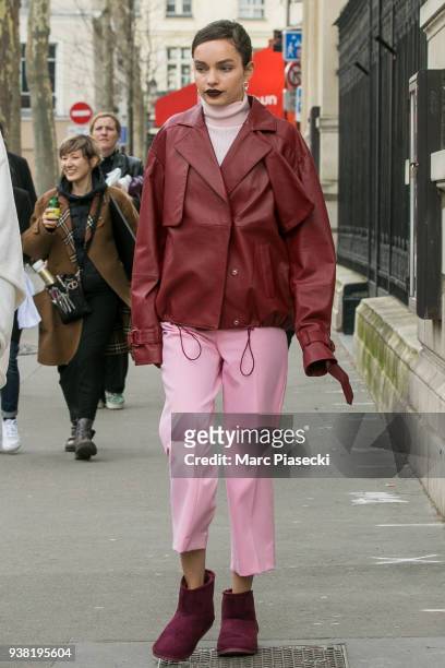 Model Luma Grothe arrives on the set of new 'L'Oreal' shooting at 'Broken Arm Cafe' on March 26, 2018 in Paris, France.