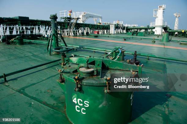 The crude oil tanker 'Devon' sails through the Persian Gulf towards Kharq Island to transport crude oil to export markets in the Persian Gulf, Iran,...