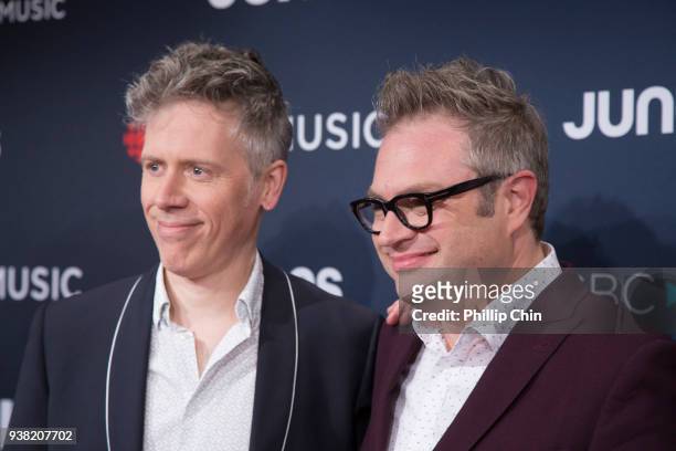 Craig Northey and Steven Page attend the red carpet arrivals at the 2018 Juno Awards at Rogers Arena on March 25, 2018 in Vancouver, Canada.