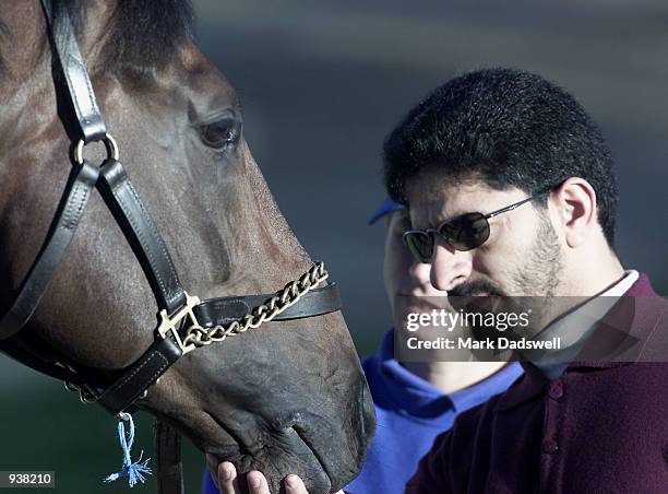 Saeed Bin Suroor, trainer of Marienbard inspects the horse before a breakfast for the International contingent at Sandown Racecourse, Melbourne,...