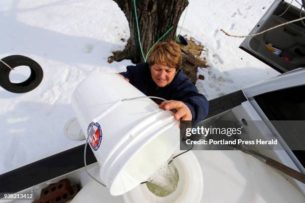 Jo Hartwell, owner of Hartwell Farm, pours maple sap into a 325-gallon container in the back of her pickup truck. Back at her Gorham sugar shack,...