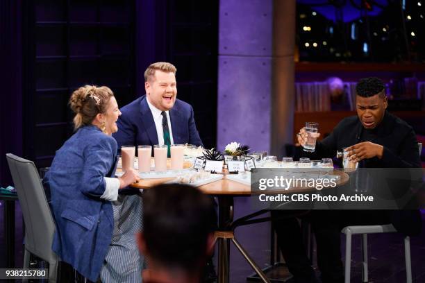 Drew Barrymore and John Boyega play Spill Your Guts or Fill Your Guts with James Corden during "The Late Late Show with James Corden," Wednesday,...