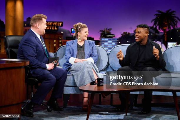 Drew Barrymore and John Boyega chat with James Corden during "The Late Late Show with James Corden," Wednesday, March 21, 2018 On The CBS Television...