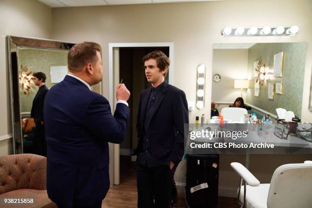 Freddie Highmore chats in the green room with James Corden during "The Late Late Show with James Corden," Thursday, March 22, 2018 On The CBS...