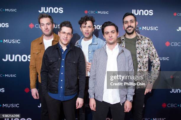 Tim Oxford, Anthony Carone, Max Kerman, Mike DeAngelis and Nick Dika from the Arkells attend the red carpet arrivals at the 2018 Juno Awards at...
