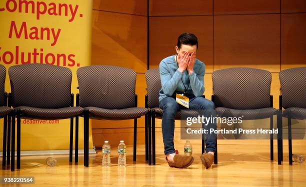 Colin Aponte, an eighth-grader at Downeast Homeschool Coop, reacts as his final opponent, Moriah Reusch, a seventh-grader from Mt. Blue Middle...